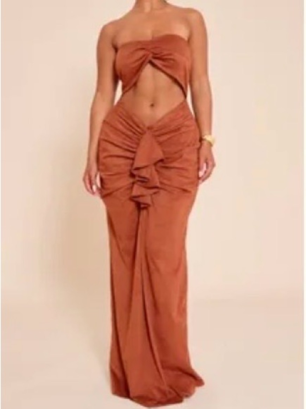 Ruched Cutout Maxi Dress — Rust